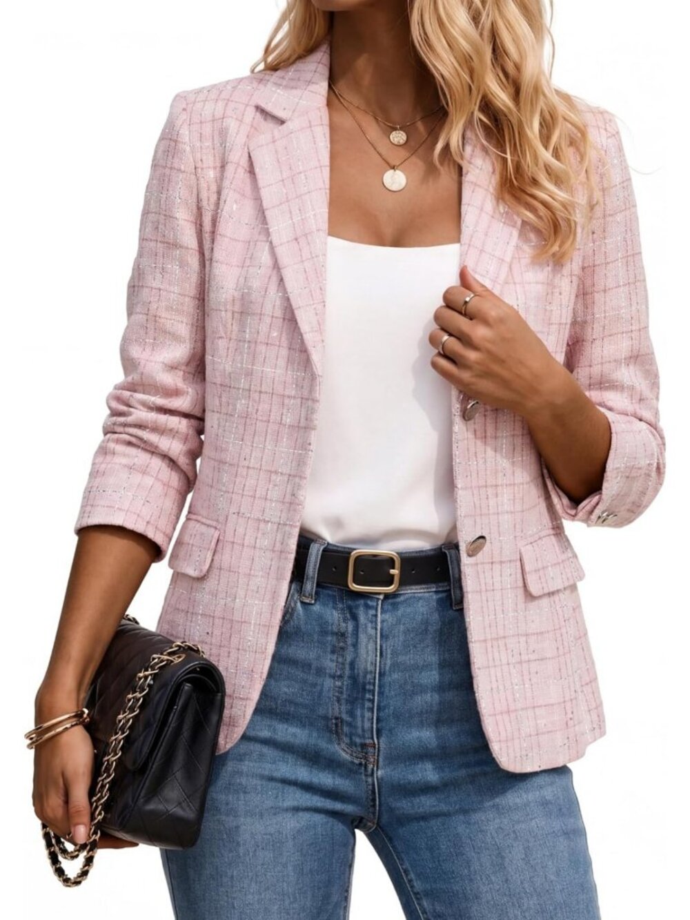 Chic Women's Tweed Plaid Blazer Jacket with Sequin Long Sleeves - Casual Style